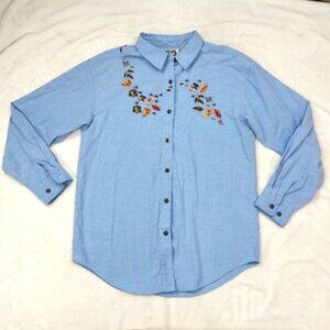FALLS CREEK WOMEN'S VINTAGE FALL LEAVES EMBROIDERED CHAMBRAY BUTTON DOWN SIZE S